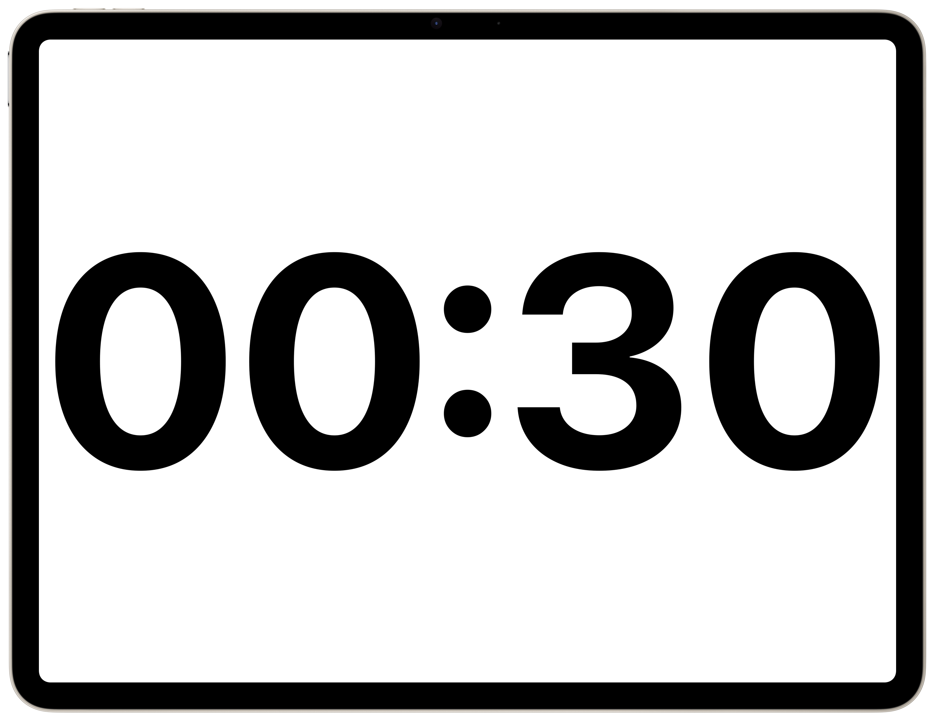 An iPad bezel showing a large 12:34 countdown